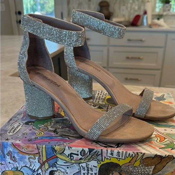 JEFFEREY CAMPBELL Womens Beige Rhinestone Laura Leather Heeled Sandal - Picture 9 of 11